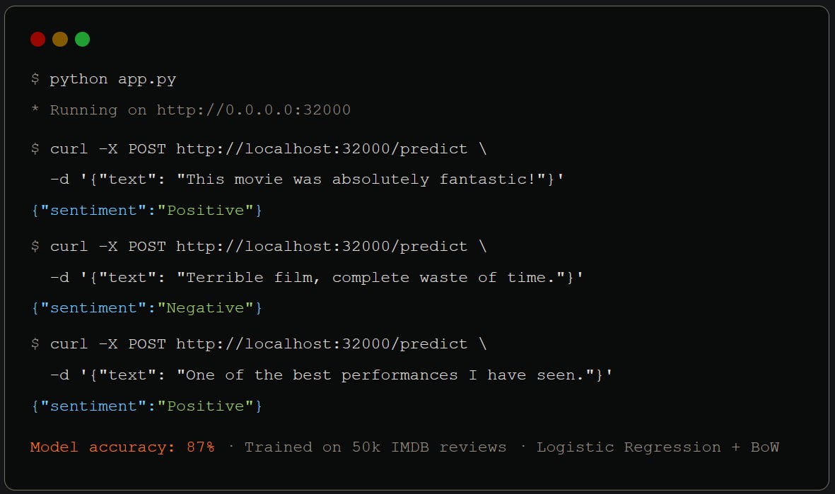 ML Sentiment API terminal demo
